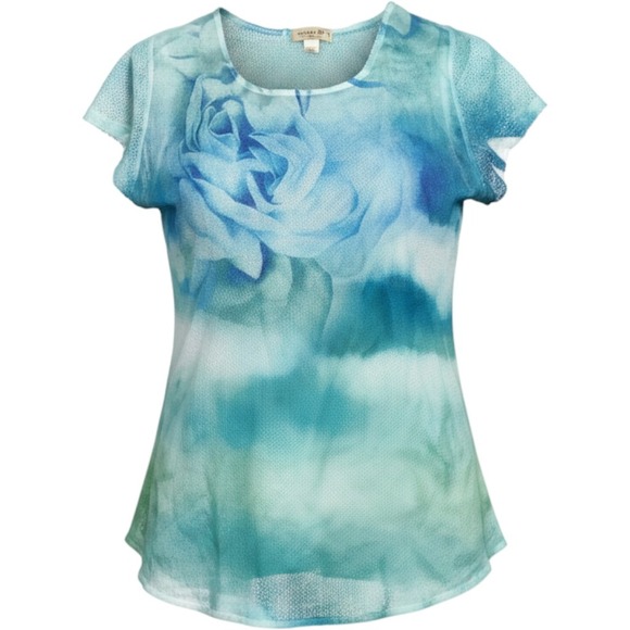 ONE WORLD Tops - One World Live and Let Live Blue Teal Floral Rose Mesh Knit Top Womens Medium